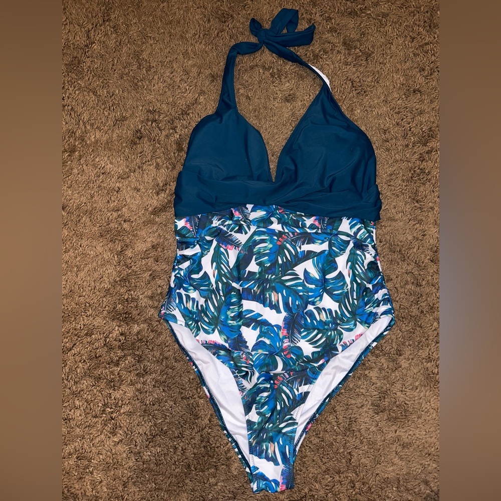 Blue halter neck  One Piece Swimsuit